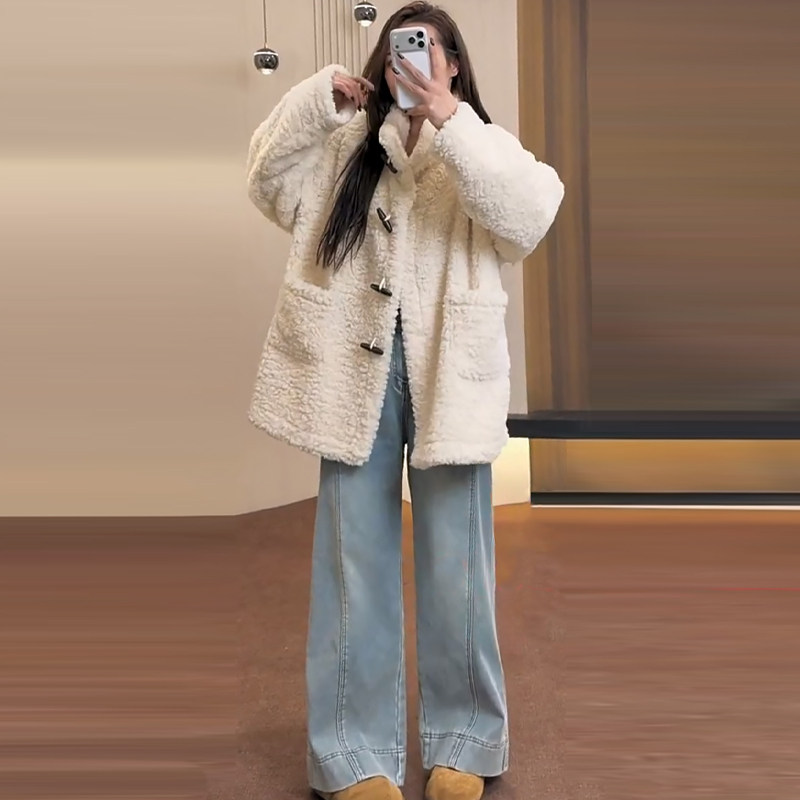 立领牛角扣毛毛外套女牛仔裤胖mm2025冬季新款显瘦宽松大码女装潮,淘宝优惠券,粉丝福利购,淘宝优惠卷