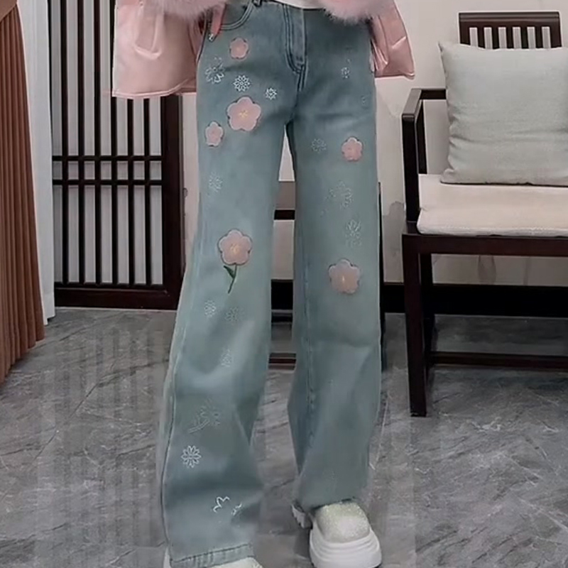 减龄花朵高腰休闲女裤牛仔裤子胖mm2025冬季新款宽松显瘦大码女装 - 图0