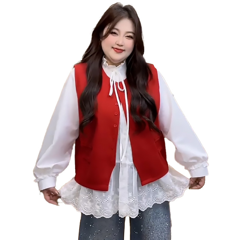 叠穿蕾丝边衬衫女遮肉毛呢马甲胖mm2026春冬新款显瘦宽松大码女装,淘宝优惠券,粉丝福利购,淘宝优惠卷