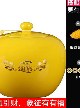 带盖黄陶瓷聚宝盆风水招财摆件