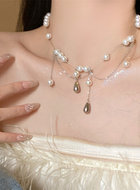 夸张水滴珠珠流苏项链女小众设计轻奢气质法式锁骨链配饰女配裙子