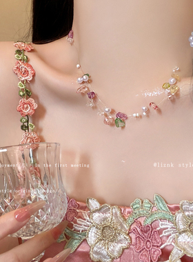 彩色串珠珍珠项链女天然石双层叠戴颈链配饰小众设计高级感锁骨链