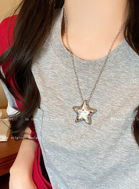 复古辣妹海星项链长款毛衣链度假风银色磨砂面项链海边风星星吊坠
