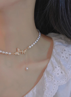 梦幻蝴蝶珠珠项链女款高级感锁骨链2025新款爆款气质毛衣颈链配饰