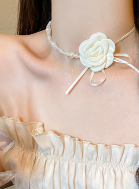 山茶花珍珠项链女choker锁骨链拼接轻奢小众花朵颈链高级脖子配饰