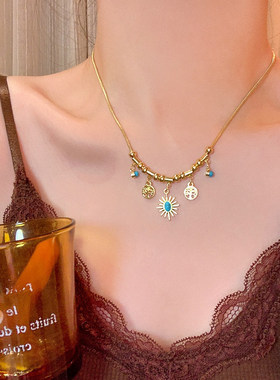 中古vintage太阳花项链女款轻奢小众配饰锁骨链八芒星吊坠毛衣链