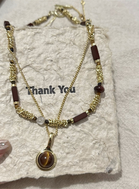 周也同款天然虎眼石串珠项链女美拉德色系秋冬双层叠戴毛衣链颈链