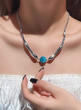 适用小清新蓝色珠子项链女配饰锁骨链轻奢小众精致高级感颈链2025