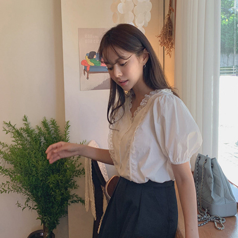 韩国直邮cherrykoko夏蕾丝边白衬衫 thejamy海外衬衫