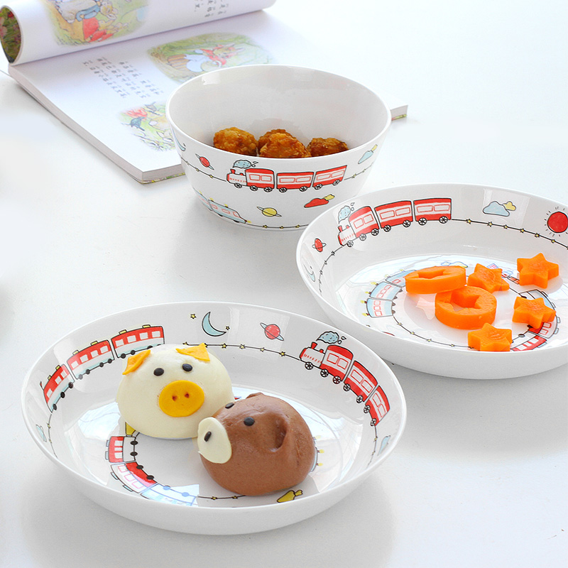 小火车儿童卡通碗盘骨瓷日式家用可爱米饭碗菜盘汤盘陶瓷套装餐具-图2