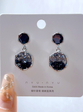 黑色滴油冷淡风小众耳环银针镶钻渐变水晶轻奢耳坠六边形耳饰气质