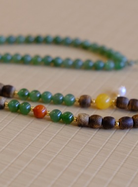 和田玉湖水绿平安扣毛衣链链子奇楠沉香碧玉s925银配件直径约6mm