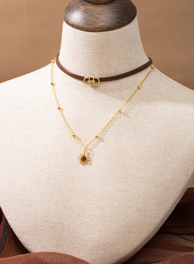 复古雅丹风太阳花虎眼石皮革项链女时尚叠戴choker颈链锁骨链