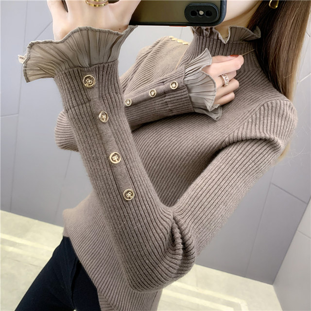 Lace sleeves sweater half turtleneck slim fit base sweater