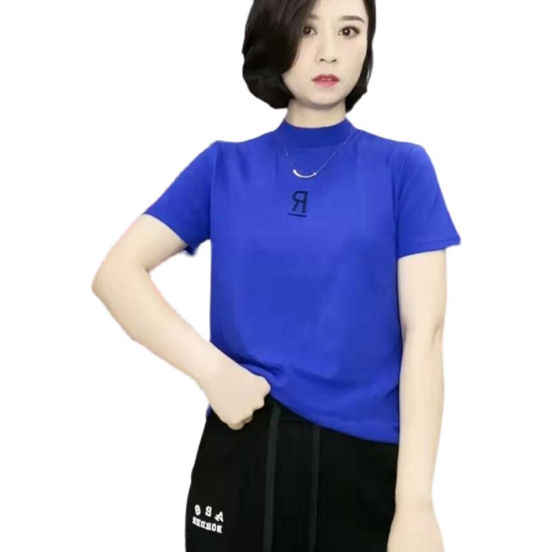 2026春夏新款R字母刺绣立领短袖T恤打底衫女修身显瘦百搭体恤上衣