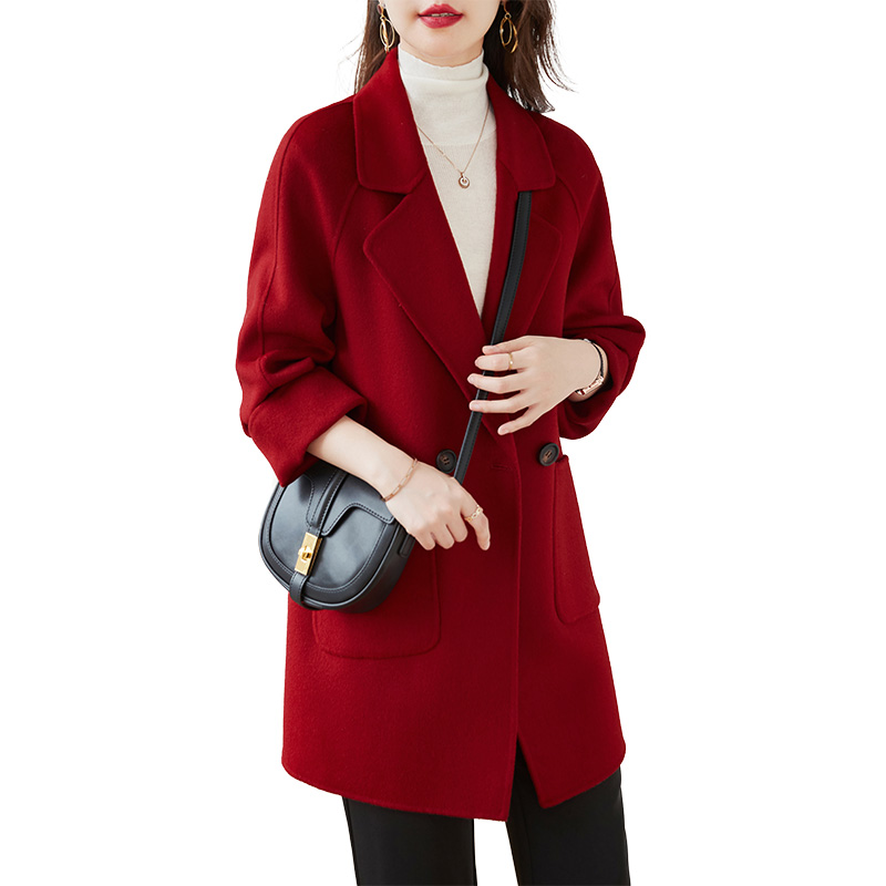 2023新款红色双面呢羊毛大衣气质显肤中长零羊绒外套秋冬高端女装