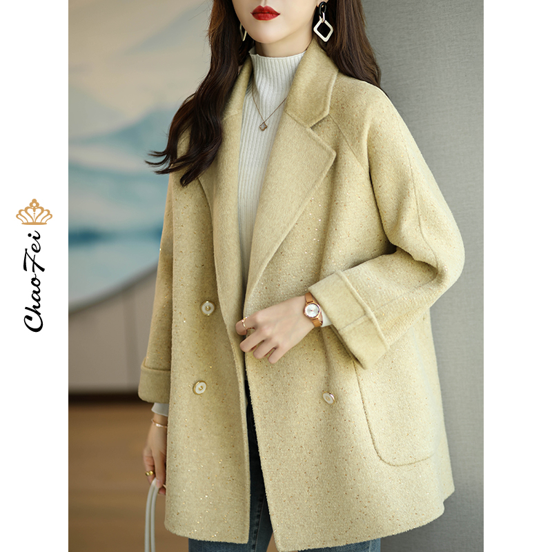 韩版茧型羊毛呢外套女2023年秋冬新款中长零羊绒高端双面呢大衣女