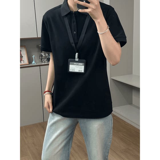Pure black short-sleeved polo shirt for men and women in summer with high quality