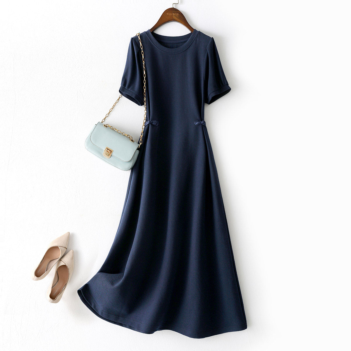 IHIMI通勤收腰显瘦纯色裙子女2025夏季新款简约a字中长款连衣裙,淘宝优惠券,粉丝福利购,淘宝优惠卷