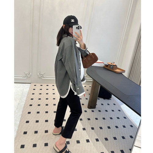 LeoMami孕妇装秋假两件撞色条纹衬衫宽松休闲松弛感通勤穿搭外套 - 图0