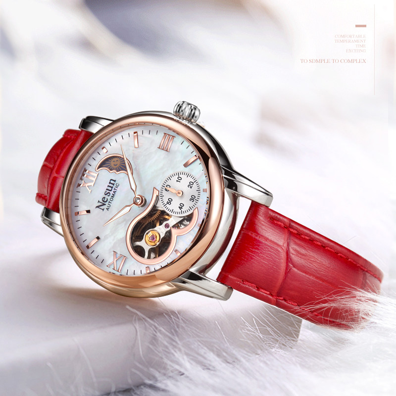 正品尼尚女士全自动真皮时尚机械表 nesun尼尚国产腕表