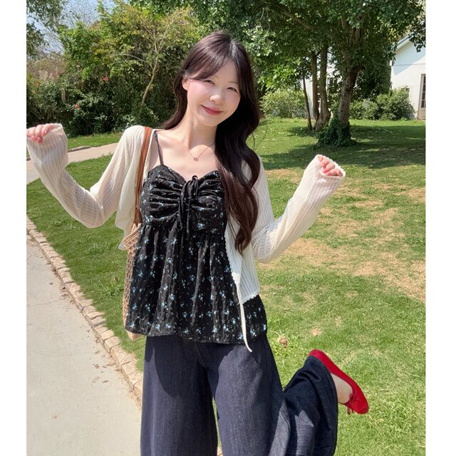 Xiaojijia plus size women's gentle style floral camisole thin sun protection cardigan women's flesh-covering chiffon shirt shirt suit