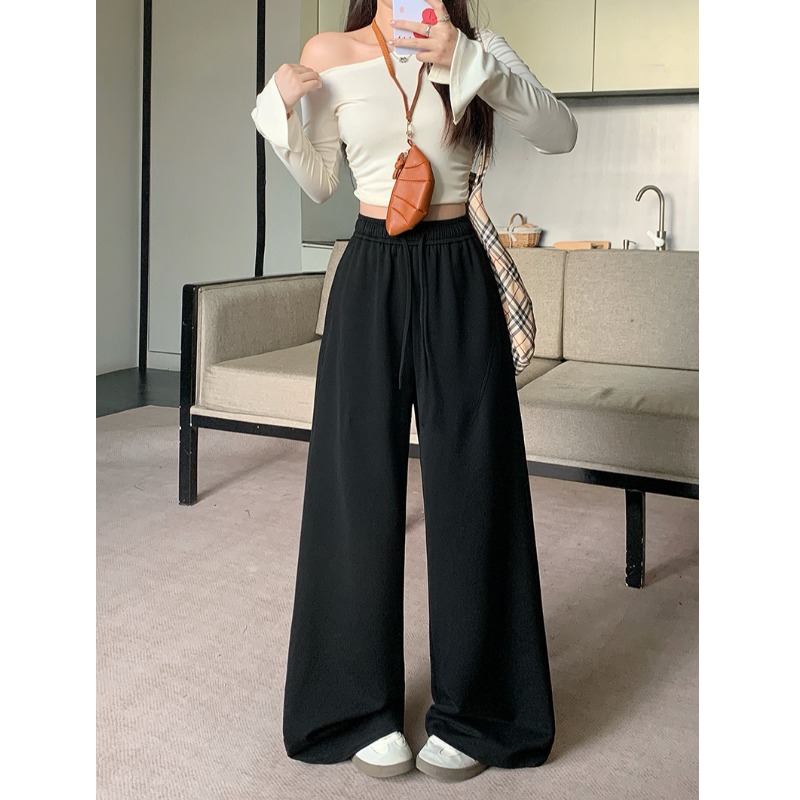 小吉家大码女装秋装新款胖mm百搭休闲抽绳松紧腰显高显瘦阔腿裤女 - 图0