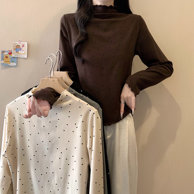 小吉家大码女装秋冬季新款半高领木耳边波点长袖打底上衣百搭T恤,淘宝优惠券,粉丝福利购,淘宝优惠卷