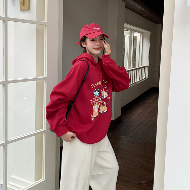 小吉家大码女装卡通印花减龄卫衣秋冬可爱印花宽松型显瘦连帽上衣 - 图3