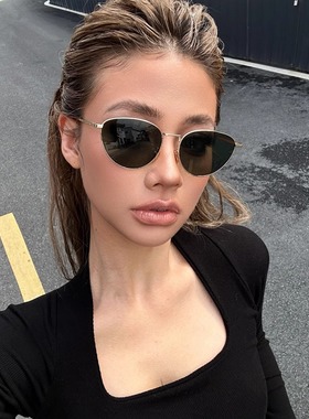 欧美时尚港风复古金属墨绿色墨镜男女同款潮猫眼气质方圆脸太阳镜