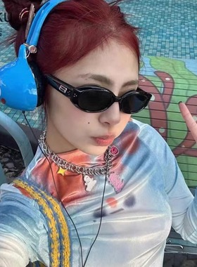 蔡徐坤同款圆脸小众猫眼窄框墨镜2024新款高级感个性网红太阳眼镜