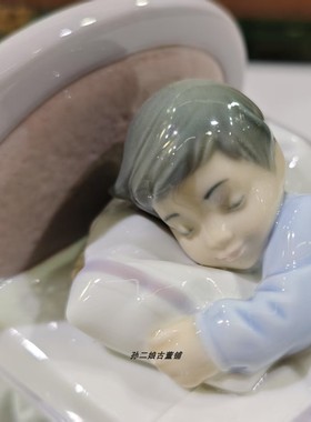 西班牙产Lladro雅致瓷偶睡梦中的宝宝和小狗家居装饰摆件中古1997