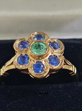 英国Vintage珠宝9K黄金镶天然蓝宝石祖母绿设计款戒指1992年中古