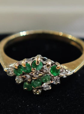 特价英国Vintage珠宝9K黄金镶嵌天然祖母绿钻石设计款戒指小手寸