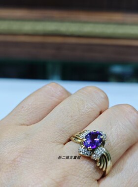 英国Vintage珠宝谢菲尔德产9K黄金镶嵌天然紫水晶钻石设计款戒指