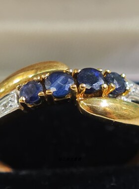 英国Vintage珠宝伯明翰产9K黄金镶天然蓝宝石钻石设计款戒指中古