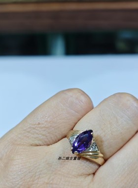 英国产Vintage珠宝9K黄金镶嵌天然紫水晶钻石设计款戒指1990年