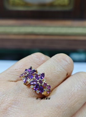 英国产Vintage珠宝9K黄金镶嵌天然紫水晶钻石设计款戒指鸡尾酒戒