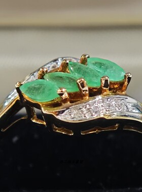 英国Vintage珠宝伯明翰产9K黄金镶嵌天然祖母绿钻石设计款戒指