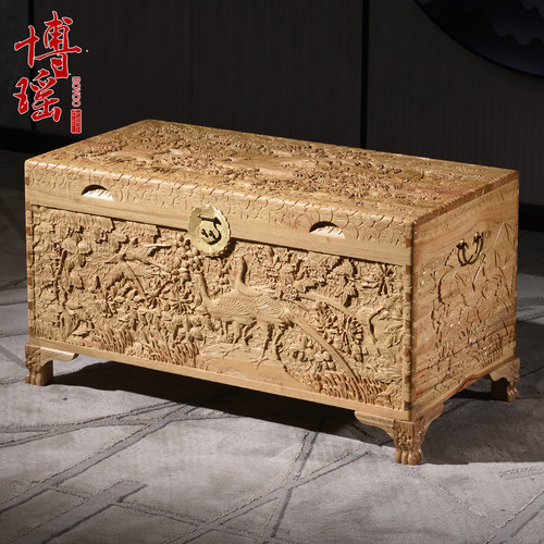 香樟木箱子婚嫁箱结婚手工精雕衣箱实木字画箱嫁妆箱收藏收纳盒 - 图1