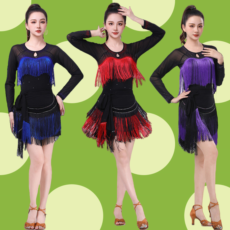 广场舞服装女2025新款流苏烫钻长袖上衣显瘦跳舞裙子摩登舞演出服,淘宝优惠券,粉丝福利购,淘宝优惠卷