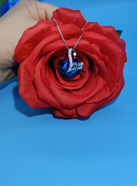 心中有爱s925通体纯银微镶钻项链施华洛水晶元素蓝水晶心形吊坠