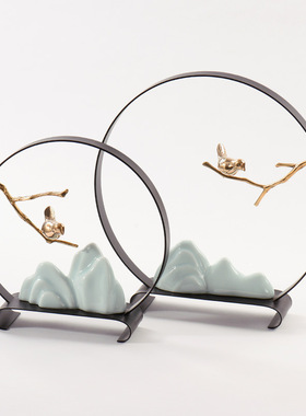 新中式玄关禅意摆件创意铁艺陶瓷假山餐厅书架样板间室内软装饰品