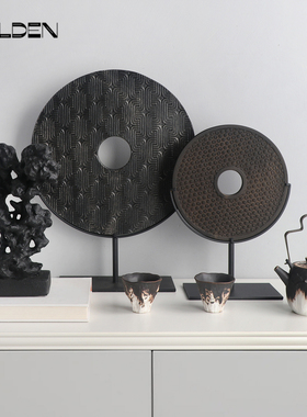 平安扣新中式样板房酒店玄关摆件仿真太湖石黑色树脂雕塑工艺品