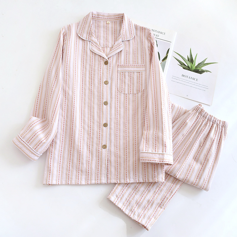 情侣睡衣春秋纯棉女长袖套装条纹日系大码2025新款全棉男士家居服 - 图0