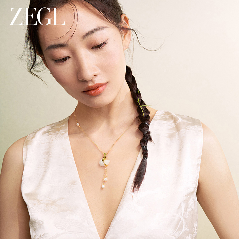 ZEGL925银和田玉项链女款2024新款猫眼石淡水珍珠新中式锁骨颈链 - 图0