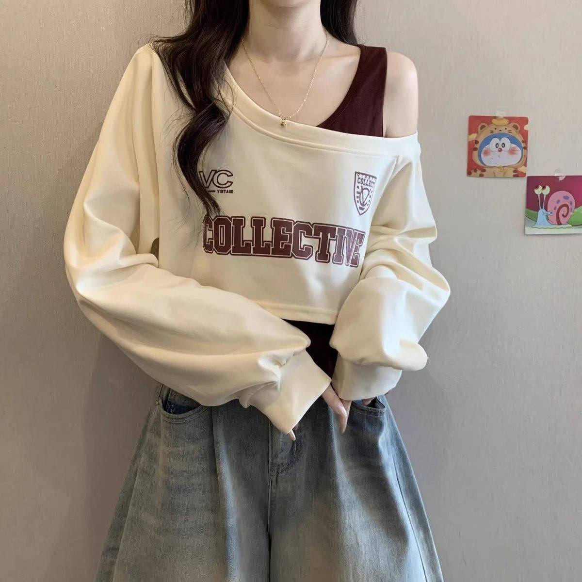 新品短款斜肩长袖T恤女套装2025秋季穿搭卫衣吊带露肩独特小上衣,淘宝优惠券,粉丝福利购,淘宝优惠卷