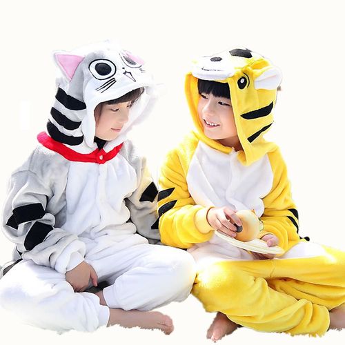 推荐儿童法兰绒动物起司猫连体睡衣男女长袖秋冬珊瑚绒卡通家居服 - 图1