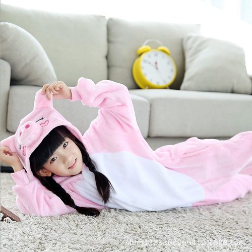 包邮可爱小粉猪儿童连体睡衣女中大童冬法兰绒动物卡通男孩家居服 - 图0