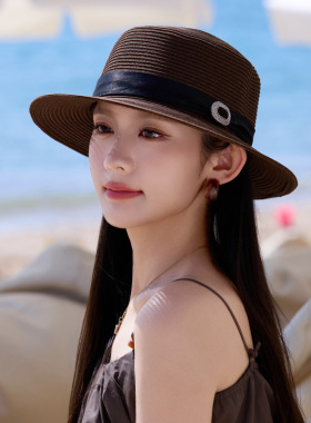复古英伦风平顶草帽女夏季防晒帽